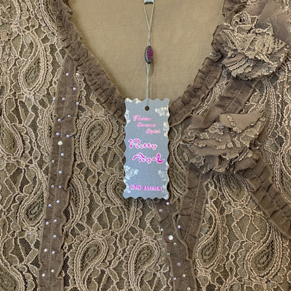 Pretty Angel Brown Mocha Small asymmetrical Crystal Lace Fairy Goth Blouse NWT - Picture 2 of 14